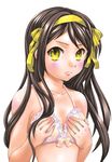  blush bow bow_bra bra covering covering_breasts lingerie pink_bra solo suzumiya_haruhi suzumiya_haruhi_no_yuuutsu ubizo underwear yellow_eyes 