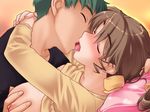  1girl age_difference arms_around_neck bangs blush bow boy_on_top breast_grab breasts breasts_outside closed_eyes couple french_kiss from_side game_cg grabbing green_hair grey_hair hair_bow heart heart_print hetero hug indoors kiriyama_taichi kiss large_breasts long_hair long_sleeves lying lying_on_person mature mole mole_under_eye moroboshi_kyouko moroboshi_ryuuichi no_bra nose_blush on_back open_mouth orange_background parted_bangs pillow saliva shirt shirt_lift short_hair sweet_home tongue upper_body 