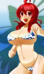  ahoge bikini breasts copyright_request huge_breasts long_hair mizuno_kakeru open_mouth red_eyes red_hair side-tie_bikini smile solo swimsuit 