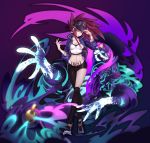  1girl absurdres akali bell belt belt_buckle black_legwear bracelet brown_hair buckle earrings eyeshadow glowing glowing_eyes gradient gradient_background hat highres jewelry jiuling k/da_(league_of_legends) k/da_akali league_of_legends makeup mask mismatched_legwear navel paint paint_on_clothes paint_on_face ponytail purple_eyes purple_hair smoke thighhighs tied_hair tongue tongue_out white_belt yellow_eyes 