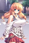  animal_print bell bell_collar belt blonde_hair blue_eyes blush breasts casual cleavage collar cow_print game_cg gunner-l highres huge_breasts long_hair nanami_hinata non-web_source off_shoulder oppai_baka outdoors pleated_skirt skirt smile solo twintails 