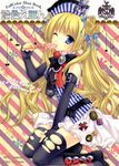  absurdres blonde_hair blue_eyes candy food hair_ribbon highres lollipop original ribbon solo swirl_lollipop tatekawa_mako thighhighs twintails wnb_mark 