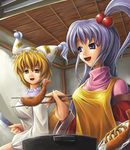  blonde_hair cooking crustacean food fox_tail hat knife koto_tsubane long_sleeves multiple_girls pillow_hat ponytail shinki short_hair shrimp shrimp_tempura silver_hair tail tassel tempura touhou yakumo_ran 