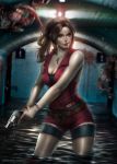  1girl ayya_saparniyazova belt bike_shorts blue_eyes blush brain breasts brown_hair claire_redfield denim fingerless_gloves gloves gun handgun long_hair looking_at_viewer monster ponytail resident_evil resident_evil_2 shorts solo water weapon 