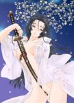  between_legs black_eyes black_hair breasts cowboy_shot flower hand_between_legs holding holding_sword holding_weapon katana kinmedai_pink large_breasts long_hair long_sleeves naked_robe open_clothes original parted_lips petals sheath solo sword weapon wide_sleeves 