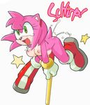  amy_rose animal_ears breasts cum drool furry gloves green_eyes hammer nipples nude simple_background smile solo sonic_the_hedgehog spread_legs tail tojyo 