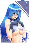  ahoge blue_eyes blue_hair blush breasts clothes_pin highres huge_breasts long_hair midriff navel pixiv pixiv-tan solo touka_nonni underboob 