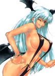  blue_hair bracelet breasts grin head_wings jewelry large_breasts long_hair morrigan_aensland nakamura_yukitoshi one_eye_closed slingshot_swimsuit smile solo swimsuit vampire_(game) wings 