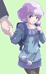  backpack bag drias green_background holding_hands pantyhose purple_eyes purple_hair randoseru sannomiya_shiho short_hair zettai_karen_children 