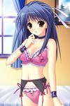  blue_hair blush bow bow_bra bow_panties bra brown_eyes choker embarrassed garter_belt hair_ribbon highres karin_(ne~pon?_x_rai_pon!) lingerie long_hair ne~pon?_x_rai_pon! panties pink_bra pink_panties ribbon solo suzuhira_hiro underwear underwear_only window wristband 