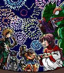  2boys :d ^_^ aerial_fireworks atlas_(dragon_quest) bare_shoulders bazuzu belt bodysuit boots cape closed_eyes corndog cyclops dragon dragon_quest dragon_quest_ii fan fire fireworks flame_(dragon_quest food gloves goggles goggles_on_headwear green_skin hanbu_hantarou hand_on_hip hand_on_own_knee hargon head_wings holding horn japanese_clothes kimono laughing long_hair long_sleeves looking_up lowres monster multiple_boys muscle night night_sky oekaki one-eyed open_mouth outdoors outline paper_fan prince_of_lorasia prince_of_samantoria princess_of_moonbrook purple_hair robe senkou_hanabi shading_eyes short_hair sidoh size_difference sky smile sparkler spiked_hair squatting standing tabard tunic turtleneck very_long_hair wavy_hair wide_sleeves yukata 