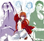  blue_eyes cigarette futae_no_kiwami genderswap genderswap_(mtf) hadanugi_dousa himura_kenshin japanese_clothes multiple_girls nameko_(mds) ponytail red_hair rurouni_kenshin sadojima_houji saitou_hajime_(rurouni_kenshin) sheath shinomori_aoshi shishio_makoto smoking sword thighhighs topless translation_request weapon 