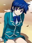  blue_hair haruyama_kazunori kaze_no_stigma kudou_nanase panties purple_eyes school_uniform seiryou_academy_uniform short_hair sitting skirt solo underwear 