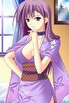  breasts choker cleavage earrings highres japanese_clothes jewelry kimono large_breasts long_hair ne~pon?_x_rai_pon! purple_eyes purple_hair reishi_(ne~pon?_x_rai_pon!) short_kimono smile solo suzuhira_hiro window 
