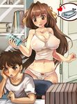  1girl blush breasts brother_and_sister brown_eyes brown_hair curvy drink hair_ribbon heart large_breasts lingerie long_hair original panties ribbon siblings spoken_heart suoni_(deeperocean) underwear wide_hips 