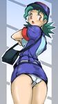  artist_request bag blush green_hair hat junsaa_(pokemon) lowres miniskirt panties pantyshot pokemon police police_uniform policewoman red_eyes skirt underwear uniform upskirt white_panties 