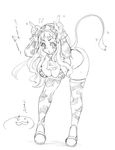  1girl animal_print bell bent_over blush breasts cleavage copyright_request cow_bell cow_print cow_tail greyscale large_breasts long_hair monochrome solo tail thighhighs translated tsuutenkaaku 