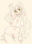  bikini bikini_pull blush breasts cleavage copyright_request curvy green_eyes hair_in_mouth large_breasts long_hair monochrome pink solo spot_color swimsuit tsuutenkaaku wide_hips 