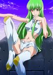  blush c.c. code_geass green_hair long_hair midriff shiny short_shorts shorts sitting sleeveless solo suna thighhighs yellow_eyes 