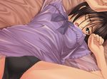  bed black_hair black_panties blush breasts brown_eyes game_cg genmukan lying medium_breasts open_mouth panties short_hair solo tanaka_takayuki tanimura_kaoru underwear 