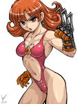  alena_(dq4) angry breasts claws dragon_quest dragon_quest_iv earrings gloves highleg highleg_leotard jewelry leotard medium_breasts midriff muscle navel open_mouth orange_hair pink_leotard pink_leotard_(dq) red_eyes solo usura 