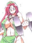  bad_id bad_pixiv_id beret braid breasts cleavage clenched_teeth colored_pencil_(medium) green_eyes hat hong_meiling huge_breasts long_hair midriff muscle muscular_female no_bra no_panties red_hair solo sweat teeth touhou traditional_media twin_braids ushi weightlifting 