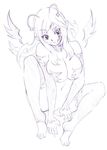 antennae barefoot breasts copyright_request feet greyscale large_breasts long_hair monochrome pointy_ears sketch solo thighhighs toeless_legwear toes tsuutenkaaku wings 
