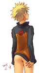  arms_at_sides ass black_jacket blonde_hair blue_eyes bottomless cowboy_shot dated fingernails from_behind jacket kobashi long_sleeves lowres male_focus naruto naruto_(series) naruto_shippuuden ninja open_clothes open_jacket simple_background solo spiked_hair standing turtleneck uzumaki_naruto whisker_markings white_background 