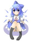  black_legwear blue_panties blue_skirt blush brown_eyes brown_hair cirno full_body guunome ice ice_wings kneehighs knees_up looking_at_viewer lying panties pantyshot pantyshot_(lying) puffy_short_sleeves puffy_sleeves short_sleeves simple_background sitting skirt solo touhou underwear white_background wings 