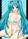  aqua_eyes aqua_hair barefoot bikini blush breasts cleavage feet hatsune_miku large_breasts long_hair open_mouth side-tie_bikini sitting solo striped striped_bikini swimsuit twintails uehiro vocaloid 