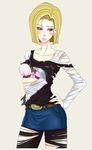  aiso_kai android_18 blonde_hair blue_eyes blush bra dragon_ball dragon_ball_z earrings highres jewelry lingerie miniskirt pantyhose pencil_skirt skirt solo torn_clothes torn_legwear underwear 