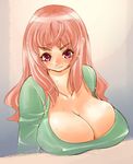  blush breast_rest breasts cleavage huge_breasts long_hair original pink_eyes pink_hair solo sweat tsuutenkaaku 