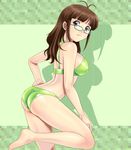  akizuki_ritsuko antenna_hair ass barefoot bikini breasts brown_eyes brown_hair feet glasses idolmaster idolmaster_(classic) idolmaster_1 long_hair medium_breasts muhi11234 solo swimsuit 