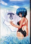  absurdres ass back bangs blue_hair breasts cloud competition_swimsuit covered_nipples dated day hair_between_eyes highres large_breasts looking_down maple_colors one-piece_swimsuit one-piece_tan outdoors outstretched_hand profile red_eyes ripples scan shiny shiny_skin short_hair signature sirpent skin_tight sky smile solo standing suzuhara_sora swimsuit tan tanline wading water wet wet_hair zoom_layer 