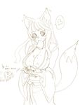  animal_ears breasts cleavage copyright_request eating food heart japanese_clothes large_breasts long_hair monochrome mouth_hold solo tail tsuutenkaaku 