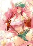  bottle breasts cleavage eating food hat holding_pizza jewelry_bonney kito_(coyo) large_breasts long_hair one_piece pink_hair pizza shorts solo suspenders 