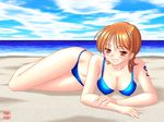  beach bikini blush collarbone day grin hanazuka_ryouji nami_(one_piece) one_piece orange_eyes orange_hair outdoors short_hair smile solo swimsuit tattoo 