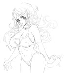  bikini blush breasts choker collar copyright_request greyscale large_breasts long_hair monochrome outline solo swimsuit tsuutenkaaku 