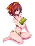  :o barefoot bikini breast_hold breasts brown_eyes brown_hair curvy feet hairband kara_(color) large_breasts navel orange_hairband short_hair sitting solo suzumiya_haruhi suzumiya_haruhi_no_yuuutsu swimsuit wariza 