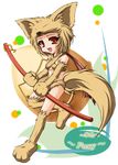  animal_ears artist_request bare_shoulders belt fox_ears fox_tail leg_up looking_at_viewer moonlight_flower ragnarok_online red_eyes solo standing standing_on_one_leg stick tail transparent_background 