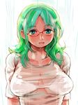  bra breasts glasses green_eyes green_hair igarasy large_breasts lingerie original rain see-through solo underwear wet wet_clothes 