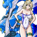  ahoge armband artist_request bangs bare_shoulders blonde_hair blue_eyes bracelet breasts casual_one-piece_swimsuit cleavage gaddeath highleg highleg_swimsuit jewelry large_breasts long_hair lowres mecha navel oekaki one-piece_swimsuit parted_bangs smile standing super_robot_wars super_robot_wars_the_lord_of_elemental swimsuit thigh_strap tytti_norback 