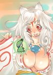  :d amaterasu between_breasts breasts cleavage curly_hair huge_breasts issun japanese_clothes large_breasts long_hair makeup markings ookami_(game) open_mouth personification red_eyes silver_hair smile tsuutenkaaku 