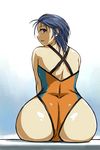  ass blue_eyes blue_hair copyright_request huge_ass looking_back michael one-piece_swimsuit short_hair sitting solo swimsuit wide_hips 