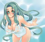  bent_over blush breasts cleavage green_eyes green_hair large_breasts long_hair original see-through solo tsuutenkaaku wet wet_clothes 