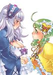  angry blush breast_envy breasts cleavage commentary_request drill_hair green_eyes green_hair kanaria large_breasts long_hair multiple_girls red_eyes rozen_maiden silver_hair smile suigintou tsuutenkaaku 