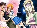  2girls blonde_hair blue_eyes blush brown_hair glasses hetero higurashi_no_naku_koro_ni jealous long_hair lowres multiple_girls orange_hair rato ryuuguu_rena school_uniform serafuku short_hair takano_miyo tomitake_jirou 