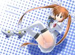  ass brown_hair gloves hair_ribbon long_hair lyrical_nanoha mahou_shoujo_lyrical_nanoha morisaki_hichimi panties pantyshot ribbon solo takamachi_nanoha thighhighs twintails underwear 