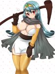  between_breasts blue_hair blush breasts cape circlet cleavage dragon_quest dragon_quest_iii elbow_gloves gloves jewelry large_breasts long_hair miniskirt necklace red_eyes sage_(dq3) skirt solo staff thighhighs umehara_emika zettai_ryouiki 