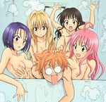  4girls :o age_difference ahoge armpits barefoot bath bathing bathroom bent_over black_hair blonde_hair blue_hair blush bob_cut breasts breasts_apart colorized feet green_eyes hair_intakes harem indoors konjiki_no_yami lala_satalin_deviluke long_hair multiple_girls nipples no_pupils nude official_art parted_lips pink_hair purple_eyes red_eyes sairenji_haruna short_hair small_breasts spiked_hair steam stepped_on surprised to_love-ru toes upper_body water wet wide-eyed yabuki_kentarou yellow_eyes yuuki_mikan yuuki_rito 